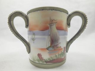   Nippon Three Handled Toothpick Holder w/ Sailboat On Water Moriage