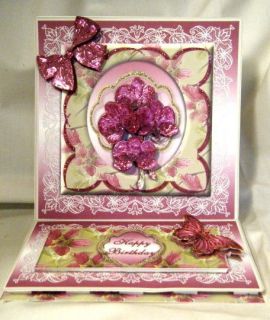   Greeting Card   3D Magenta Orchids in a Floral framed Easel Card