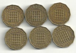   LOT 6 GREAT BRITAIN 3 PENCE COINS 1954,1955,1956,1957,1958,1960 jl952