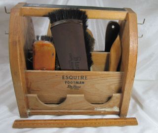   Esquire Footman Shoeshine Kit Caddy Nine Brushes Foot Rest Hooks