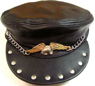 Black Leather Biker Motorcycle Eagle Chain Studded Hat Cap Adjustable 