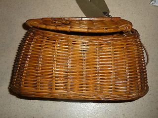 Antique Vintage Wicker Fishing Creel with strap harness & ruler nice 