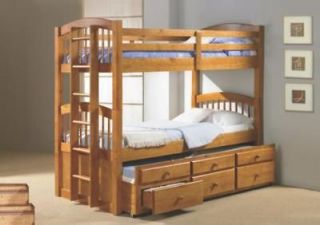 Twin over Twin Bunk Bed w/ Trundle Bed and Storage Drawers   Honey 