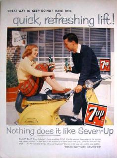 1958 SEVEN UP   7UP   VESPA MOTORCYCLE   SCOOTER   PRINT AD
