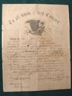 Ohio Vols 118th Regiment orig 1865 Civil War Discharge John Evans