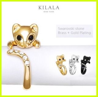Gift Box jewelry Cat kitty RING Swarovski Crystals Black Silver 