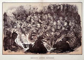   American Satirical Pow Wow with High Society, HUGE Antique 1880s Print