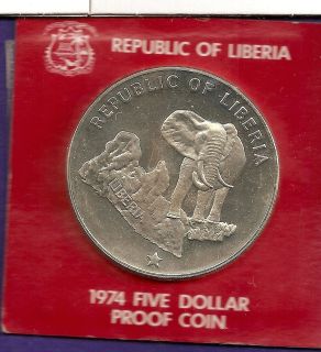Liberia Five Dollars 1974 Proof silver coin  Elephant pict