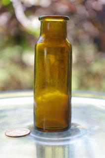 Antique Mold Blown 3 7/16 Amber Miniature Medicine Bottle Rolled Lip