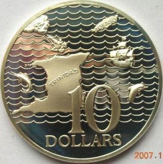 Trinidad Tobago 1976 Sea Map Ship 10 Dollars 1oz Silver Coin,Proof