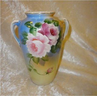   Porcelain Pink/Red Rose Pastel Vase Double Handles Gold Trim Mint