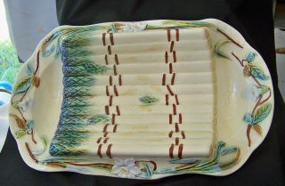 Old Majolica Pottery Asparagus Cradle / Plate w Flower Decoration