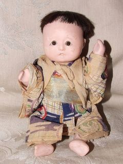VINTAGE Chalkware Oriental Asian Japanese COSTUME DOLL Glass Eyes Real 