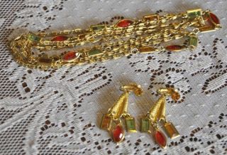   NY GOLD TONE CHAIN NECKLACE Multi Colored Inserts DANGLE EARRINGS Set