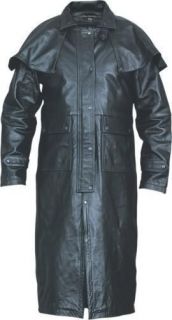 Mens Black Motorcycle Biker Water Buffalo Leather Duster Trench Coat