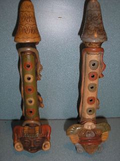 SET OF TWO ANTIQUE MEXICAN HAND MADE AZTEC SNAKE CLAY POTTERY FLUTES