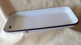 Vintage Enamel METAL PAN 4 x 10 Enamelware Tray White with Black Trim
