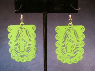 Papel Picado Style Earrings, Vertical Banner w/ Virgen de Guadalupe 