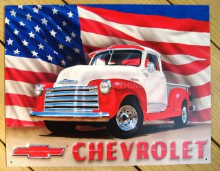 USA Flag Chevrolet Antique Truck Chevy TIN SIGN vtg metal bar wall 