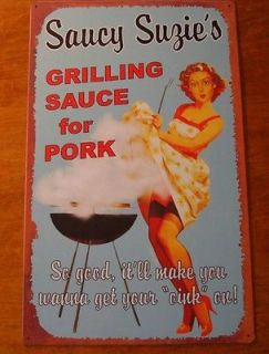 SAUCY SUZIES BBQ GRILL SMOKER SIGN Vintage Pin Up Girl Barbeque 