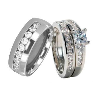 HIS AND HERS 3 PIECES MENS WOMENS Titanium WEDDING BRIDAL RING SET