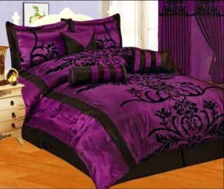   set Black / Purple Flocking Bed in a Bag   Queen, King, Curtains