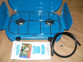 CAMPING GAZ STOVE 2 RING BURNER LAGON L WITH SIDE SHEILDS & PIPE 