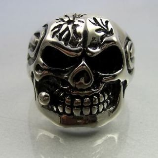 Biker Black Silver Stainless Steel Skull Smoker Mens Ring Size 12