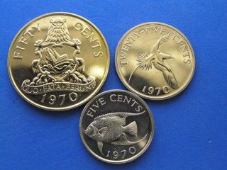 Bermuda 3 Coin PROOF Lot. 1970. 50 cents, 25 cents, 5 Cents. QEII