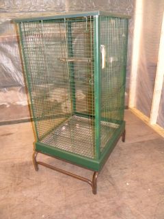 LARGE GREEN METAL BIRD CAGE PARROT MCCAW WITH STAND BOWLS SWING