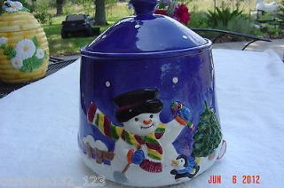 Vintage Cookie Jar Christmas Snowman Tree Hand Painted Large 7.5 x 10 