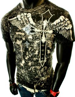 NEW MENS BLACK GRAPHIC UFC MMA CROSS BIRDS WINGS ANGEL ROYALTY CROWN T 