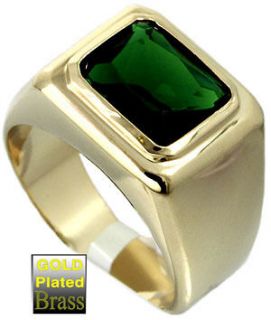 Mens Emerald Green Solitaire 18kt Gold Plated Ring