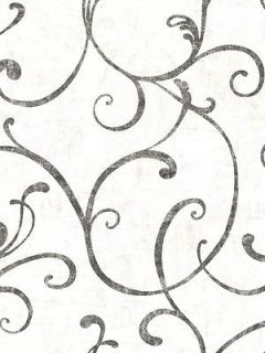 Wallpaper Antiqued Black Scroll on Pearlized Ivory