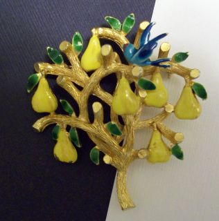   Vintage CADORO Yellow Enamel Partridge in a PEAR Christmas Tree Pin