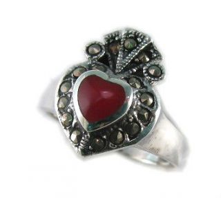 Heart Claddagh Inlay Marcasite Ring Black Onyx 925 Sterling Silver 