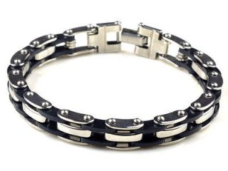   Quality Mens Stainless Steel Bracelet Silver Chain Black Rubber 8.5
