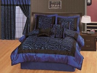   Blue Satin Black Zebra Flocking Comforter Set w/ 4 Pillows Queen Size