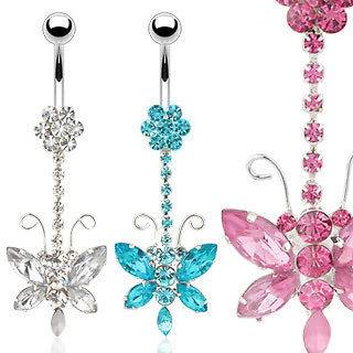 DANGLE GEM BUTTERFLY   DANGLY BELLY BAR   CHOOSE YOUR COLOUR