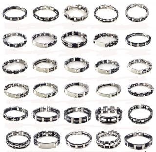   Steel Bracelet Black Rubber Silver Link Bangle Wristband Cuff