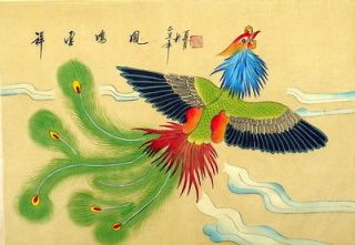 chinese silk painting birds phoenix 15x11 Oriental asian brush ink 