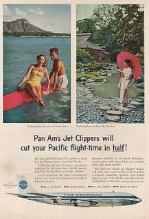   Am Airlines Jet Clipper~Hawaii~Surfboard~Japan 1950s Travel Photo Ad