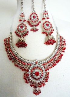   Crystal Jhumki Earrings Tikka Necklace Set Wedding Bollywood Indian