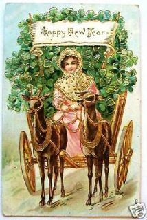 New Year LADY in DEER CART Shamrocks EMB Gold 1906
