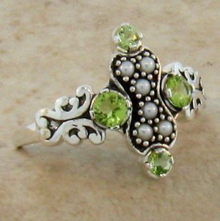 NATURAL PERIDOT SEED PEARL ANTIQUE VICTORIAN STYLE .925 SILVER RING Sz 