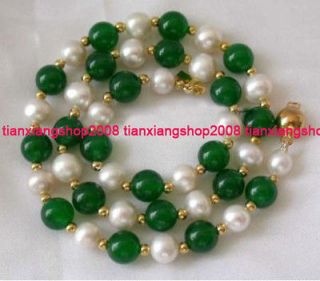 8MM White Akoya Cultured Pearl & Green Jade Necklace 25