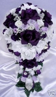 21pcs Bridal bouquet wedding flowers PURPLE / SILVER