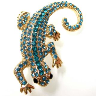 Sapphire Gecko Gila Lizard Blue Rhinestone Brooch Pin BH7232