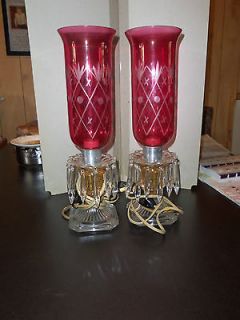 PAIR OF 1940S VINTAGE BOUDOIR LAMPS ETCHED GLASS CRANBERRY HURRICANE 