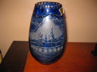   Poland Cobalt Blue Lead Crystal Vase with Krakow Buildings Design